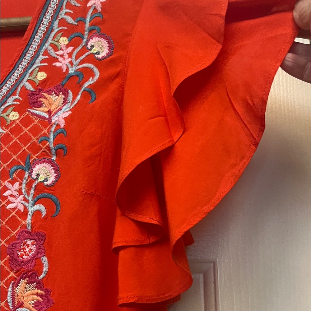 Solitaire Red Embroidered Ruffle Blouse - Picture 4 of 9